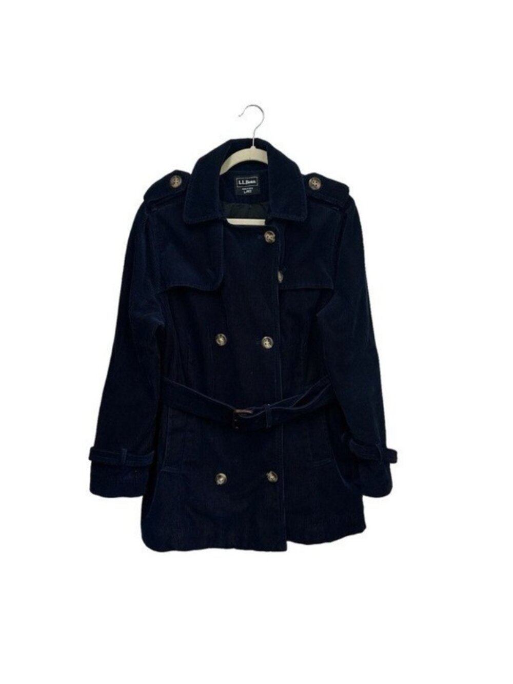 LL Bean Women's L Petite Corduroy Jacket Belted Double Breasted Navy Blue Cotton